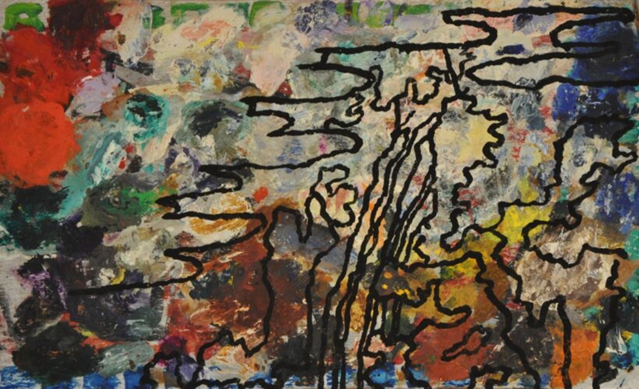 I Roben Vandfald, pilgrimmes badested. Farvespredning til Hokusai (1978-2010), Modification. Acrylic and oil on masonite, 39.10h x 62.30w cm
