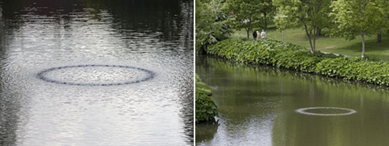 public art / commissions — Cylinder, 2008, Aluminium, pump, rubber hose , Diameter 300 cm, height 50 cm , Purchased by Odense Bys Kunstfond, installed permanently in the public domain of Odense.