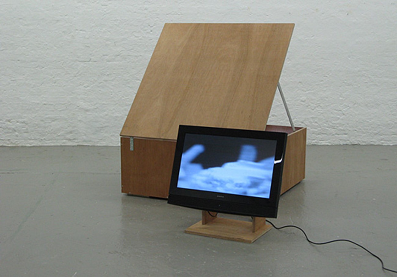 camera-based works — Landsskab efter hukommelse (Landscape according to memory)., 2008, Model train rails, camera mounted on cart, screen, aluminium and wood , Approx 200 x 100 x 100 cm