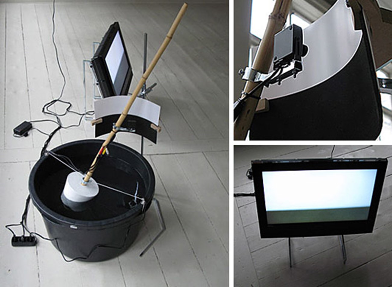 camera-based works — Horisont (Horizon), 2008, Camera, iron, plastic bucket, screen, water , Variable dimensions (approx. 130 x 200 x 100 cm)