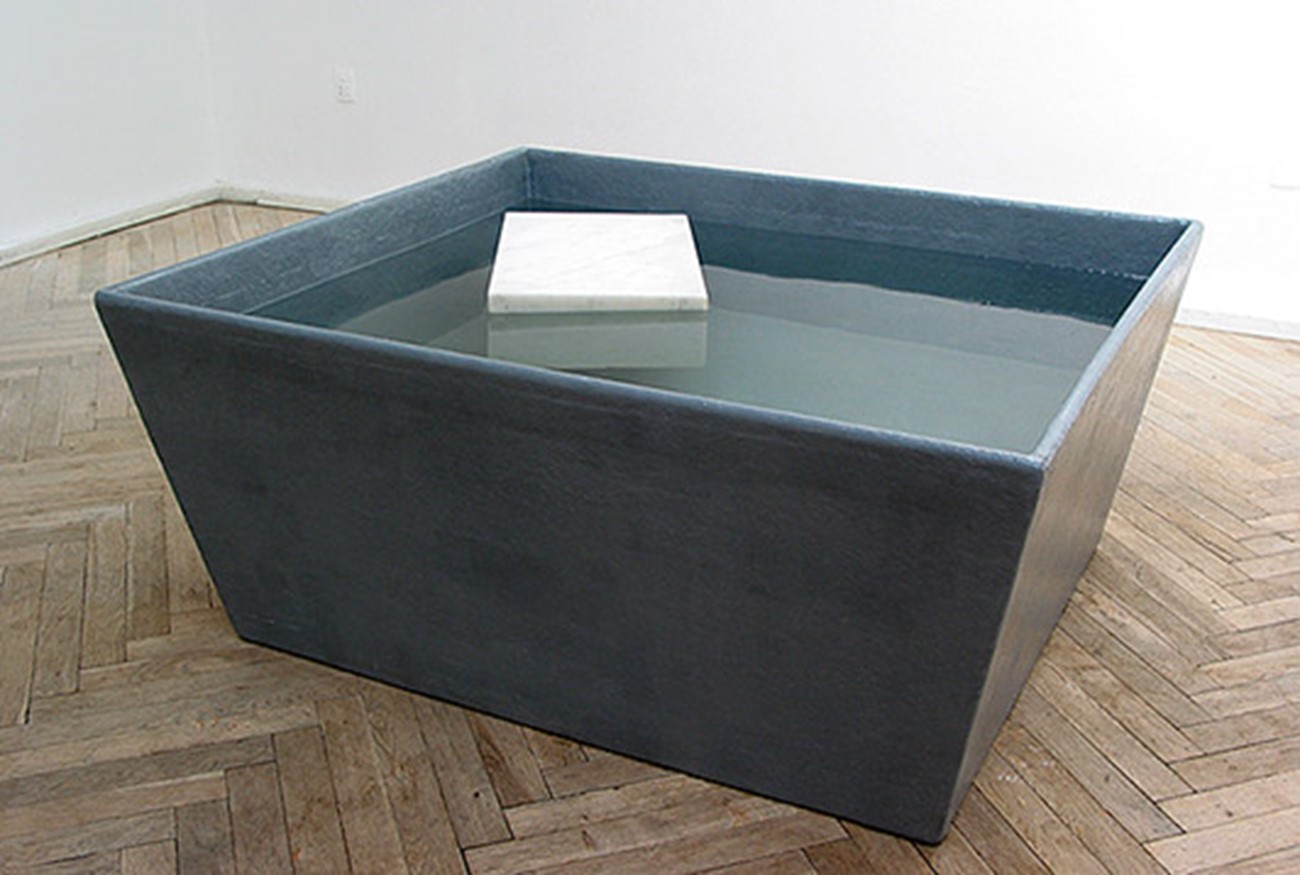 public art / commissions — Stone, 2001, Marble, water, fibreglass , 70 x 130 x 180 cm - stone 36 x 36 x 50 cm , Purchased by the Danish Arts Foundation
