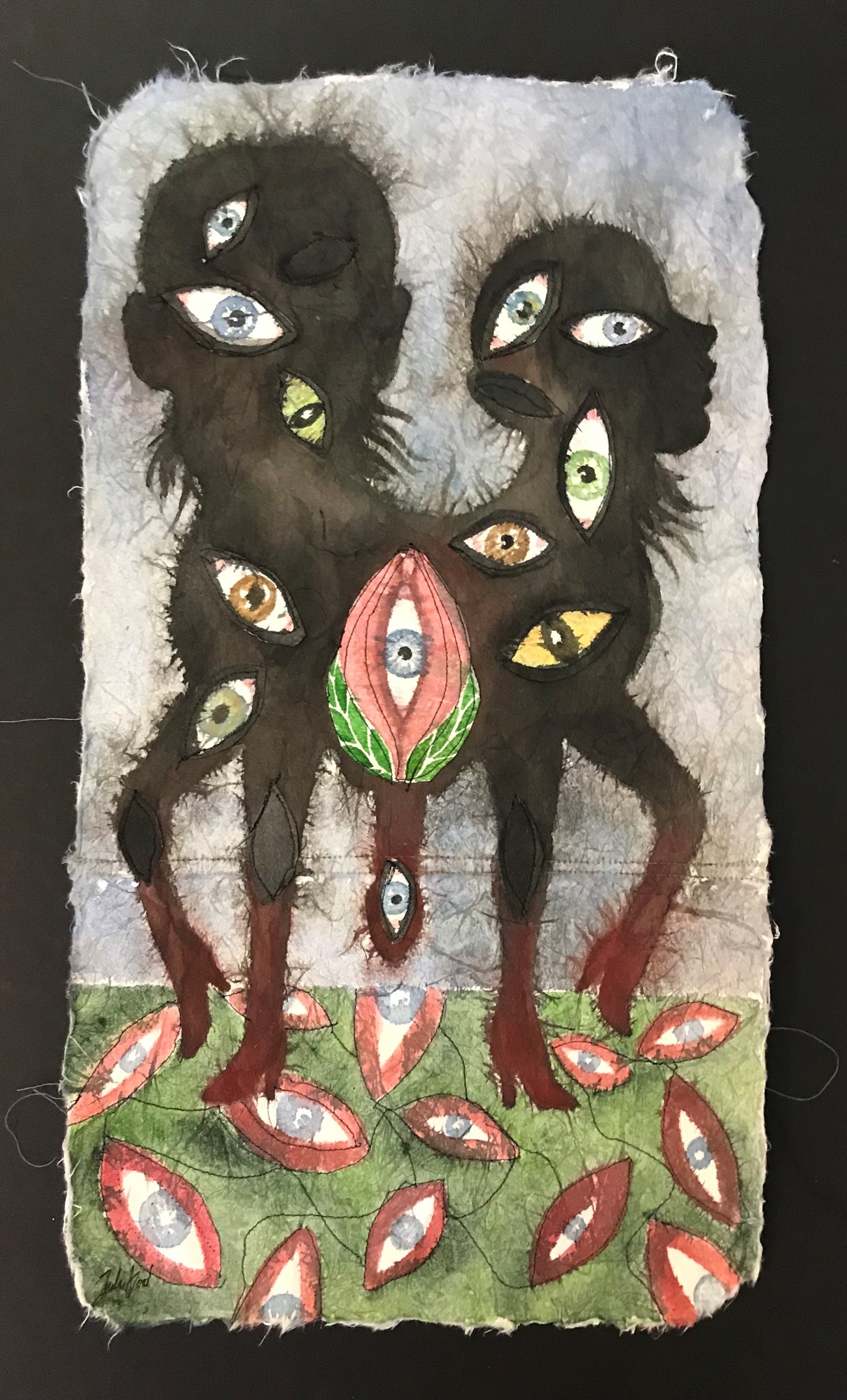 Gespenst, 2019, Watercolour, marker and thread on Japan paper, 50.5 x 28 cm