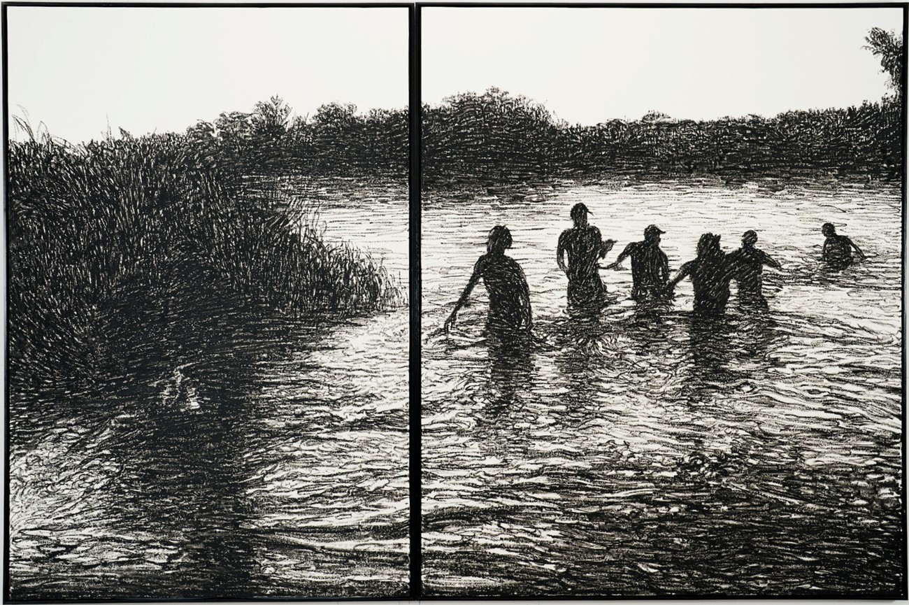 En strøm af skridt, 2023, oil on paper, 140 x 210 cm.
