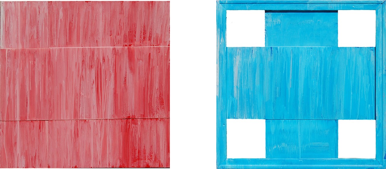 Lyserødt kors & Lyseblåt kors, 1978, Oil on cardboard and wood , ( 70 x 70 cm ) x2