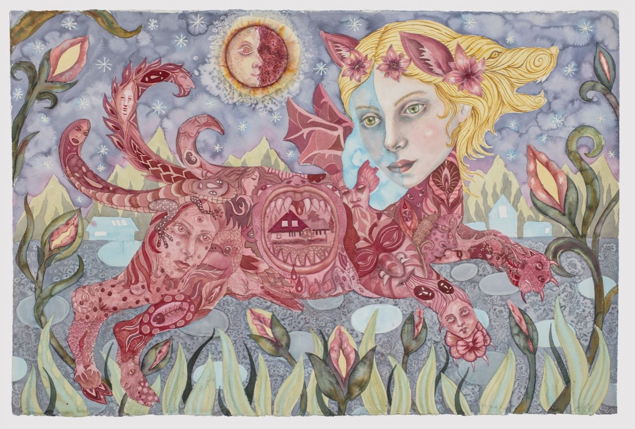 Rewilding Beast, 2021, akvarel og tusch på papir, 102h x 152w cm