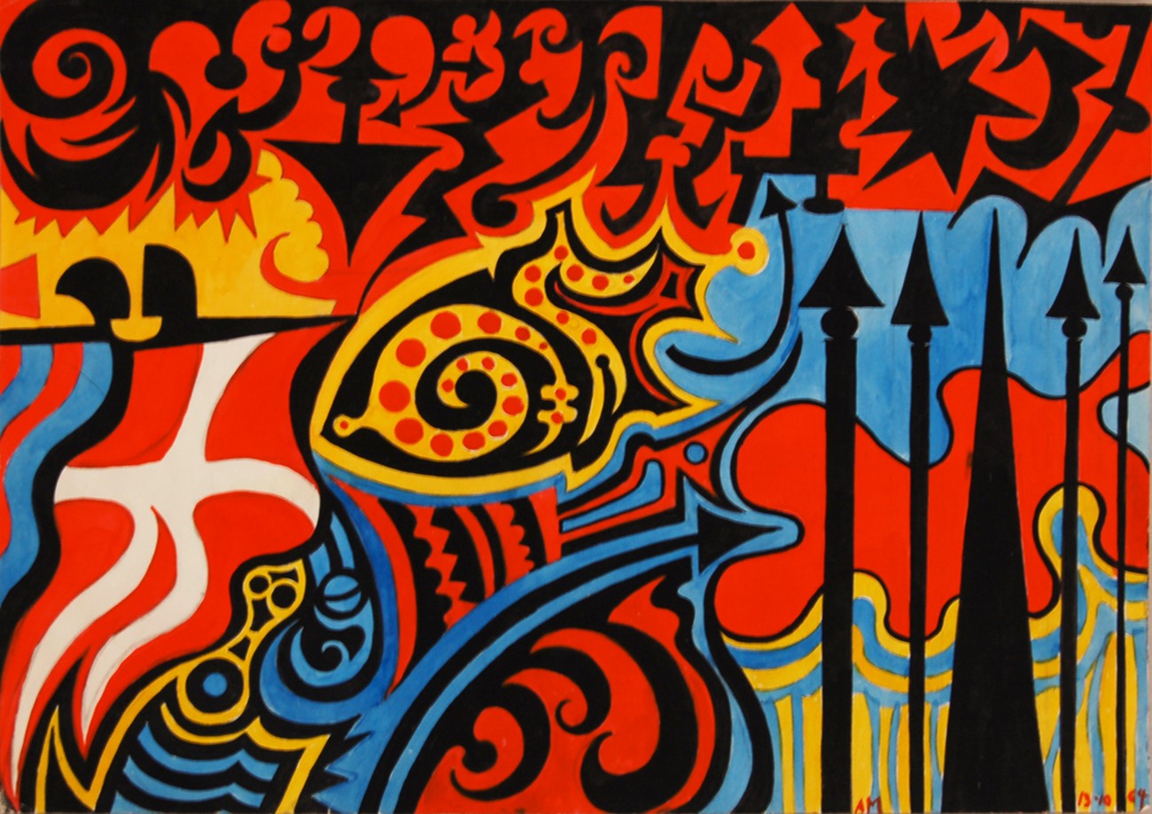 Other works — Albert Mertz: Da Dannebrog fra himlen faldt, Albert Mertz: Da Dannebrog fra himlen faldt. Gouache and ink on paper, 31x34 cm, 1964