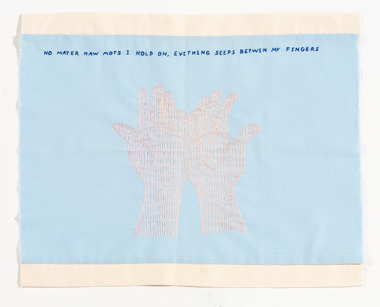 Gudrun Hasle, Evithing seeps betwin my fingers, 2021, broderi på tekstil, 49 x 39