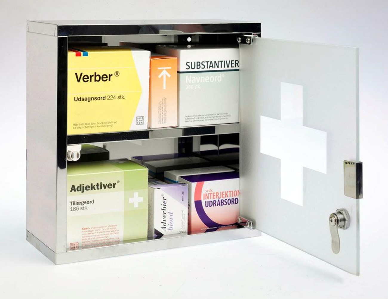 Word pharmacy — Ordapotek (1), 2013, carton, glass, chromed metal, 30 x 30 x 12 cm, ed. 100