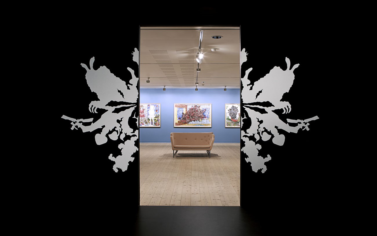 Installation views — Xenoglossy (1), 2011, Foil, acrylic, carpet, couches, framed works., Soloexhibition, The Nordic Watercolor Museum. (SE).