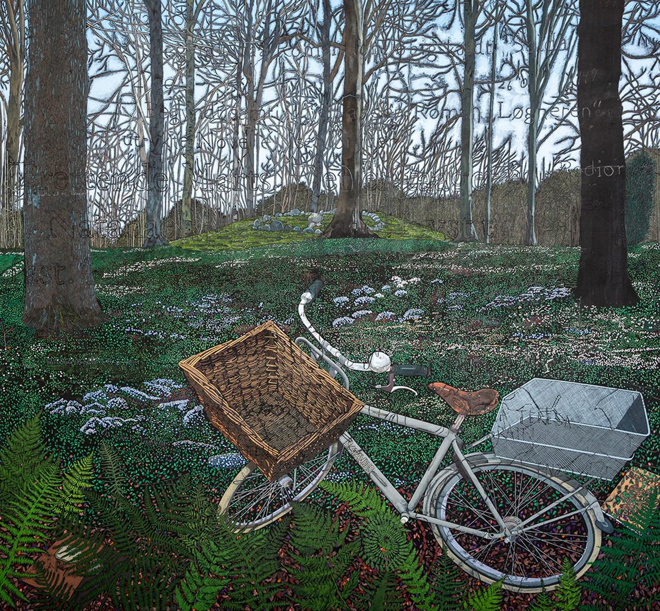 Op Alle De Ting (Martin A. Hansens cykeltur), 2019-20 acrylic, chalk, coloured pencil, 2H pencil and gesso on linen, 270 x 250 cm, private collection (photo: Henrik Hjertholm)