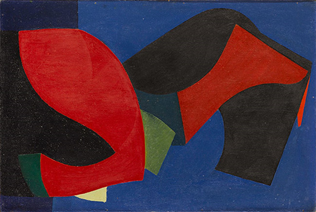 Paintings — To røde figurer (Two Red Elements), 1949, Oil on board , 60 x 90 cm